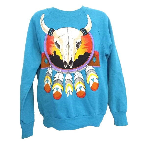 Vintage 90's Aqua Cow Skull/feathers Sweatshirt Made in USA Size Medium - Picture 1 of 3